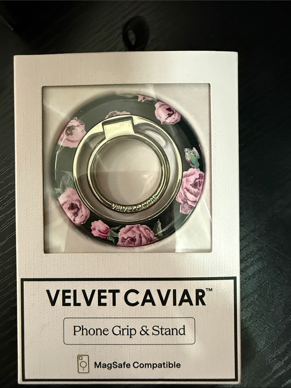 Velvet Caviar Phone Grip & Stand - Black with Pink Floral Roses